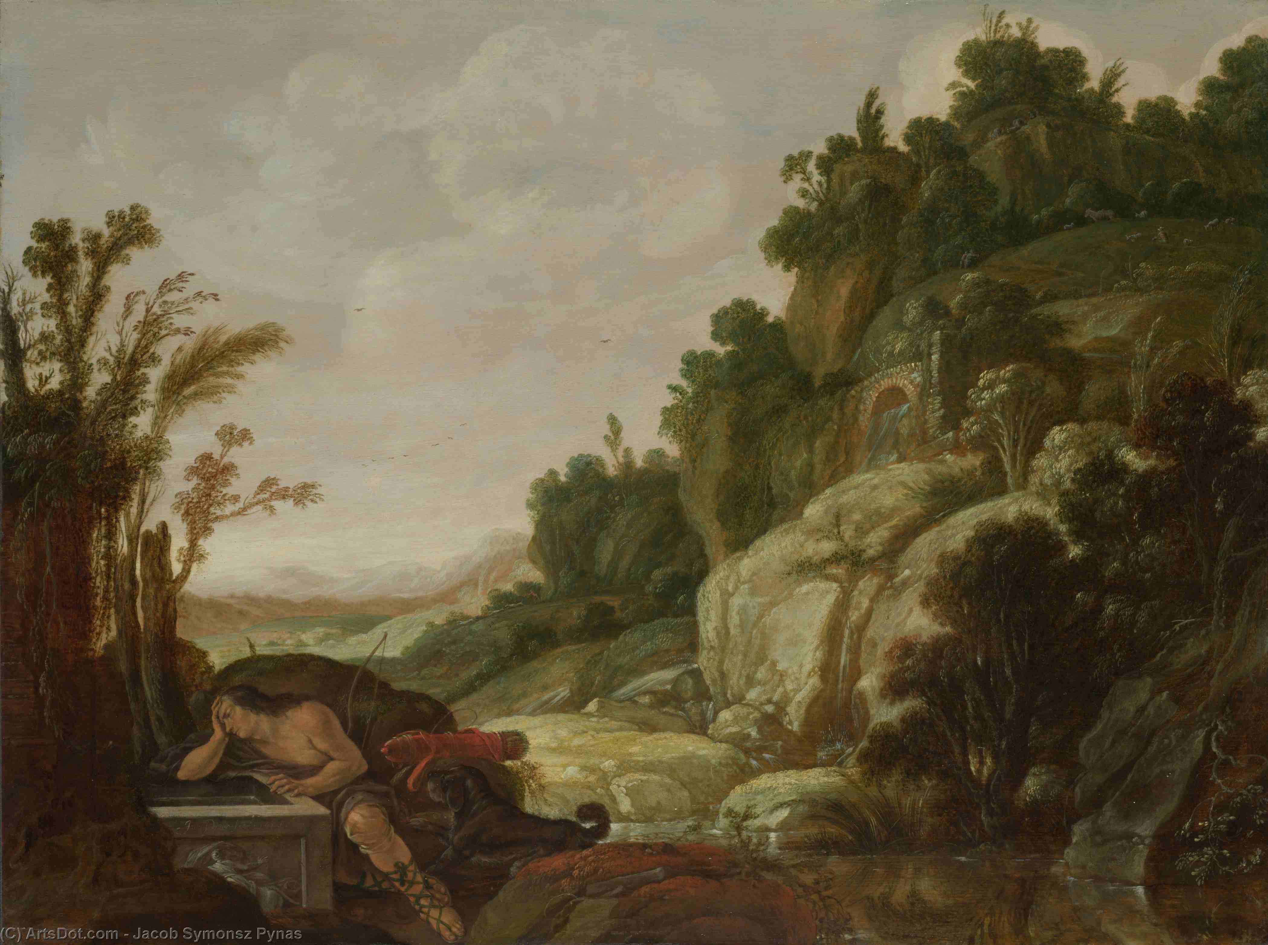 Wikioo.org - The Encyclopedia of Fine Arts - Painting, Artwork by Jacob Symonsz Pynas - Mountain Landscape with Narcissus
