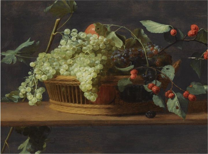 Wikioo.org - The Encyclopedia of Fine Arts - Painting, Artwork by Jacob Foppens Van Es - Still life of blue and white grapes, together with wild strawberries, all in a basked on a wooden ledge
