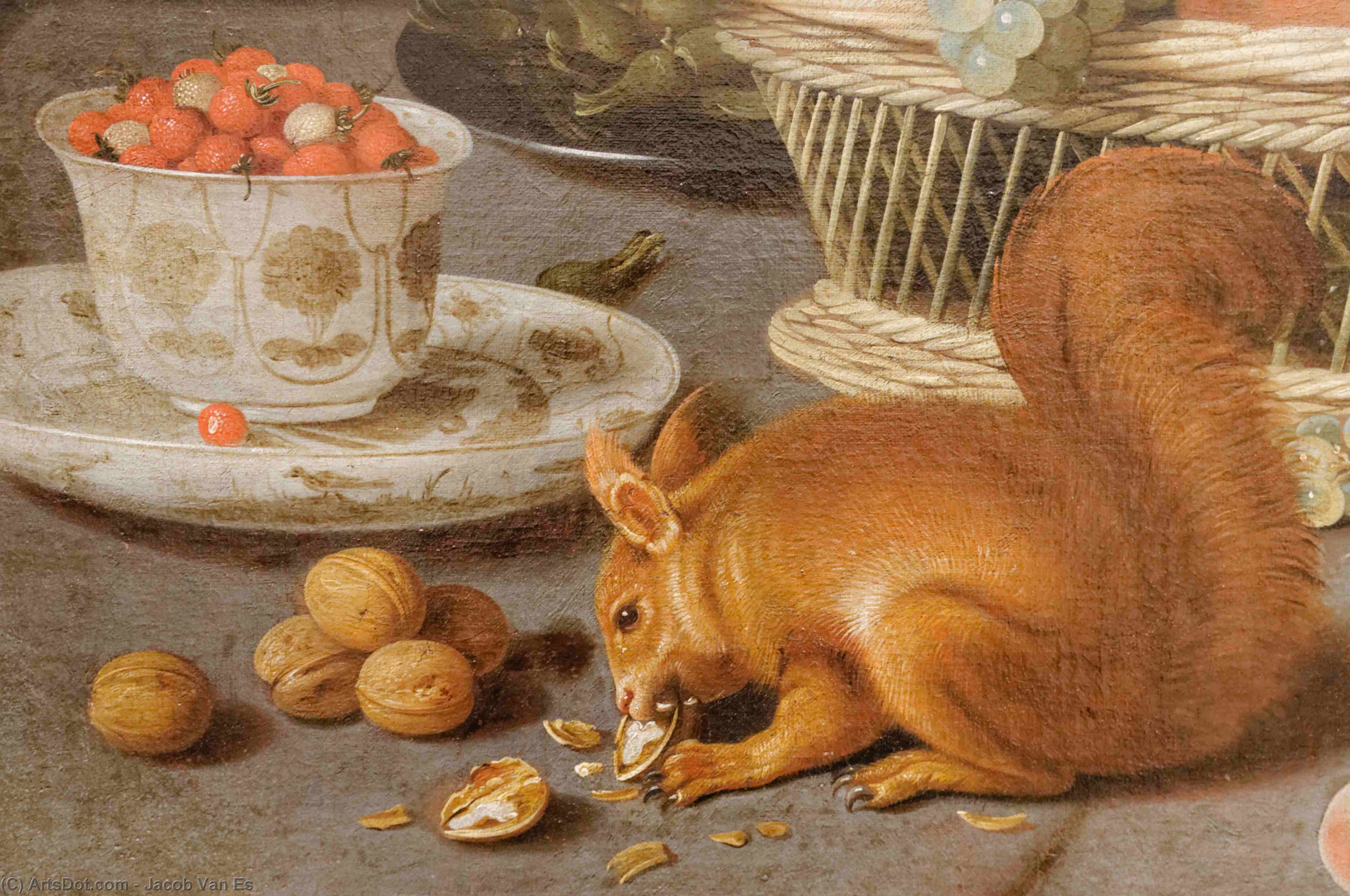 Wikioo.org - Bách khoa toàn thư về mỹ thuật - Vẽ tranh, Tác phẩm nghệ thuật Jacob Foppens Van Es - Still life with a squirrel and a parrot (detail)