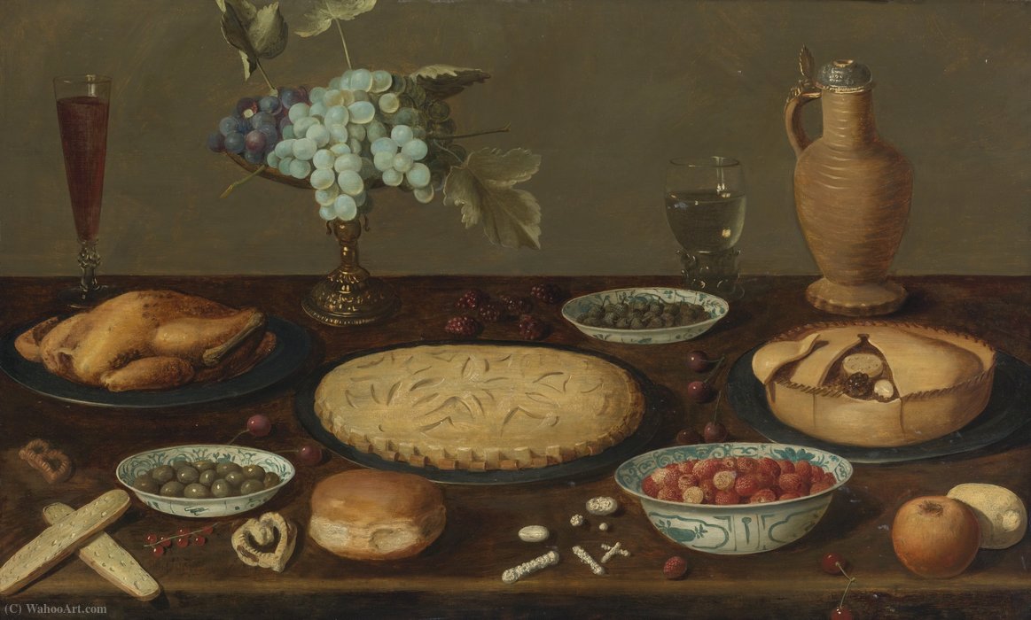 Wikioo.org - The Encyclopedia of Fine Arts - Painting, Artwork by Jacob Foppens Van Es - Still Life with Meat Pies, a Roast Fowl, Olives, Capers and Strawberries