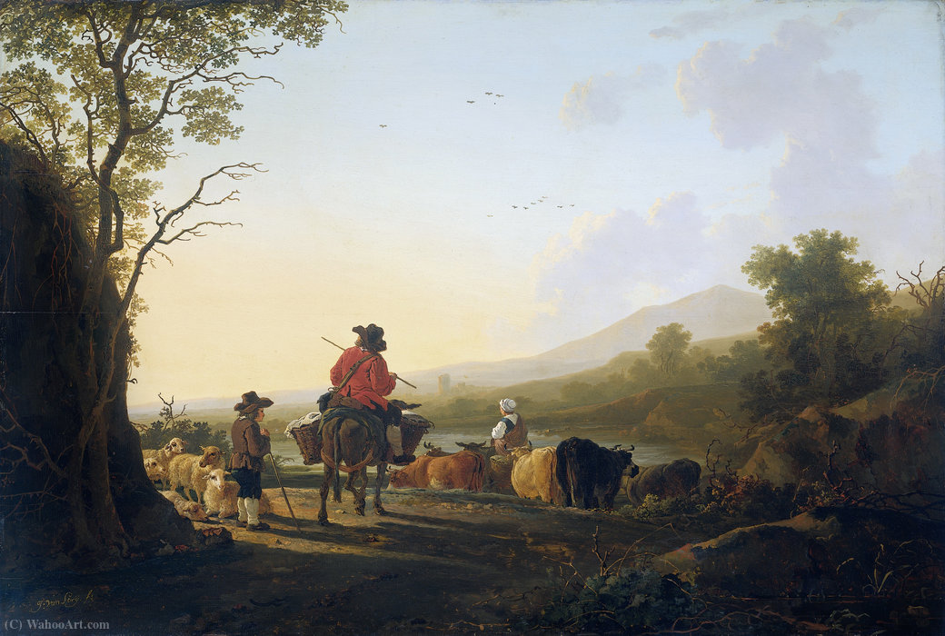 WikiOO.org - Enciklopedija dailės - Tapyba, meno kuriniai Jacob Van Strij Dordrecht - Landscape with cattle driver and shepherd.