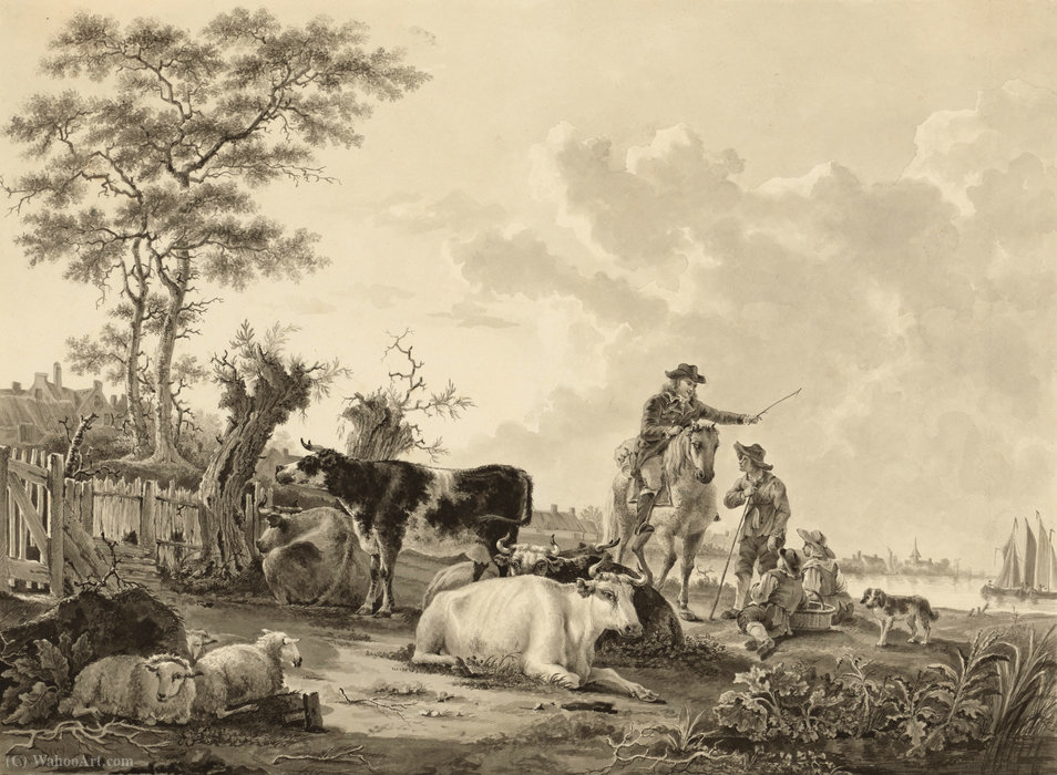 WikiOO.org - Enciklopedija dailės - Tapyba, meno kuriniai Jacob Van Strij Dordrecht - Landscape with Cattle, Sheep, and Herders