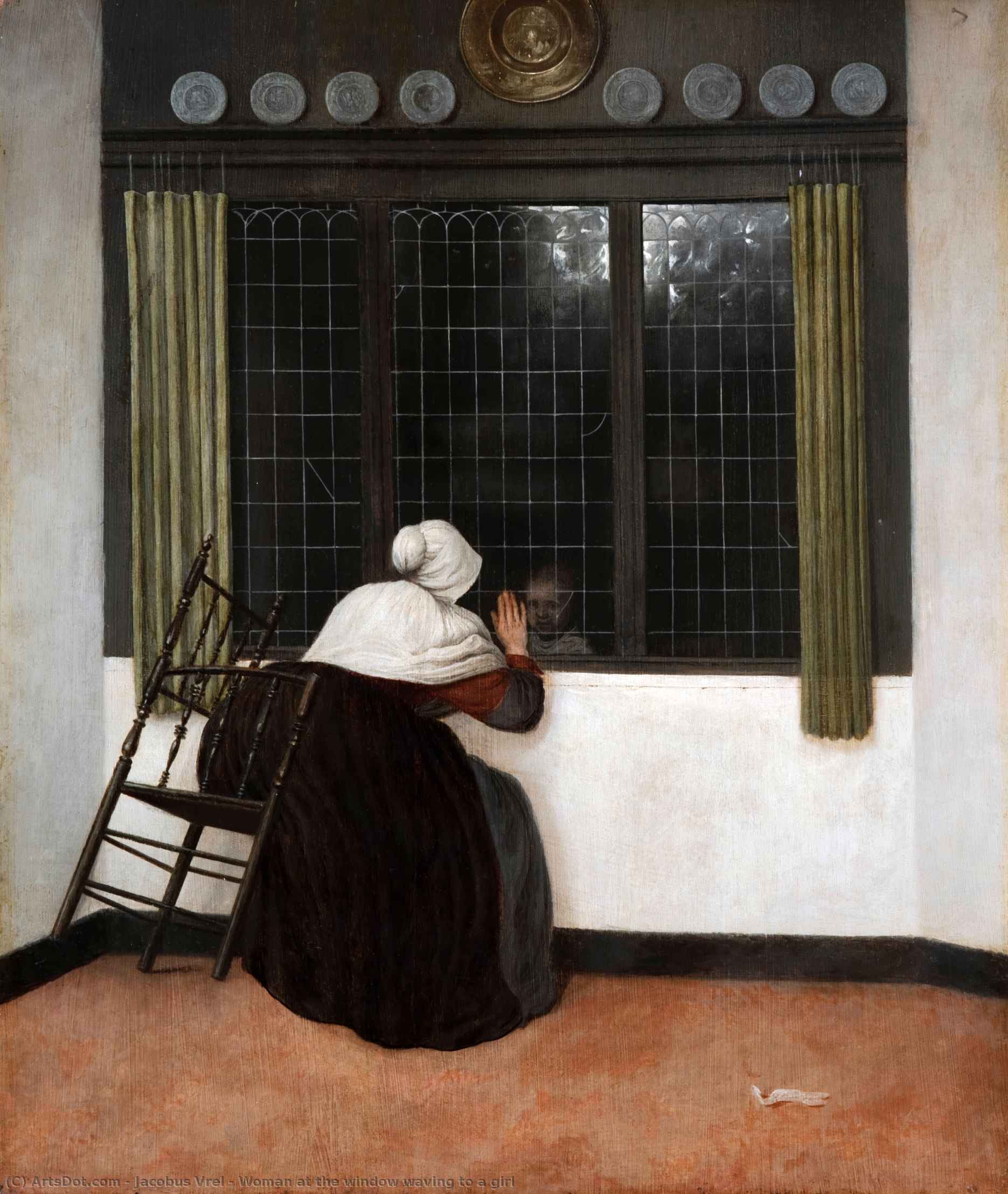 Wikioo.org - The Encyclopedia of Fine Arts - Painting, Artwork by Jacobus Vrel - Woman at the window waving to a girl