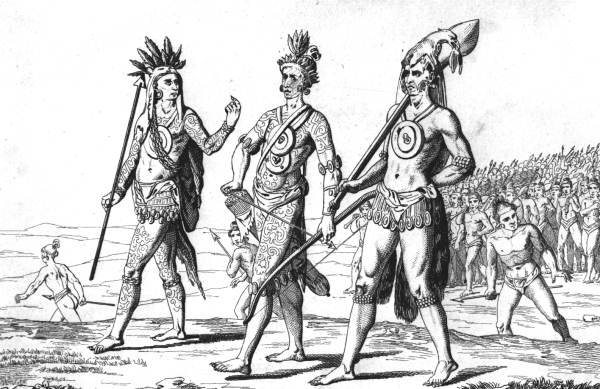 Wikioo.org - The Encyclopedia of Fine Arts - Painting, Artwork by Jacques (De Morgues) Le Moyne - Timucua warriors with weapons and tattoo regalia