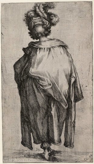 WikiOO.org - Güzel Sanatlar Ansiklopedisi - Resim, Resimler Jacques Bellange - Melchior, seen from behind, wearing a mantle trimmed with fur and a hat adorned with feathers