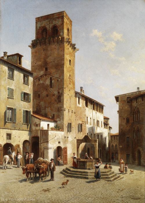 Wikioo.org - Die Enzyklopädie bildender Kunst - Malerei, Kunstwerk von Jacques François Carabain - Platz in San Gimignano