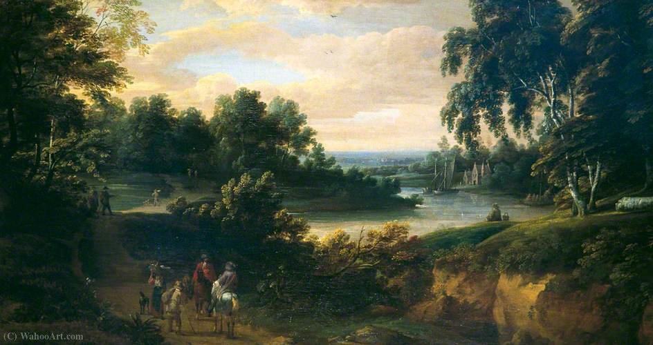 Wikioo.org - The Encyclopedia of Fine Arts - Painting, Artwork by Jacques D' Arthois - Landscape with a River and Horsemen