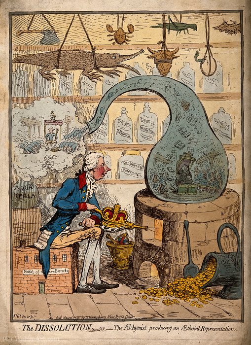 Wikioo.org - The Encyclopedia of Fine Arts - Painting, Artwork by James Gillray - An alchemist using a crown-shaped bellows to blow the flames