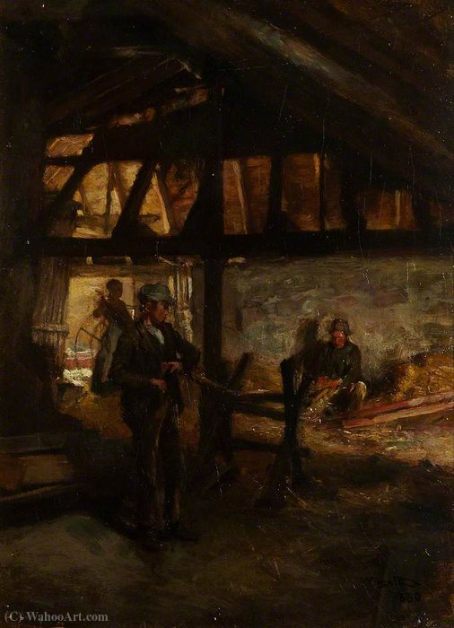 Wikioo.org - The Encyclopedia of Fine Arts - Painting, Artwork by James Lawton Wingate - Interior of a Barn, Making Straw Ropes