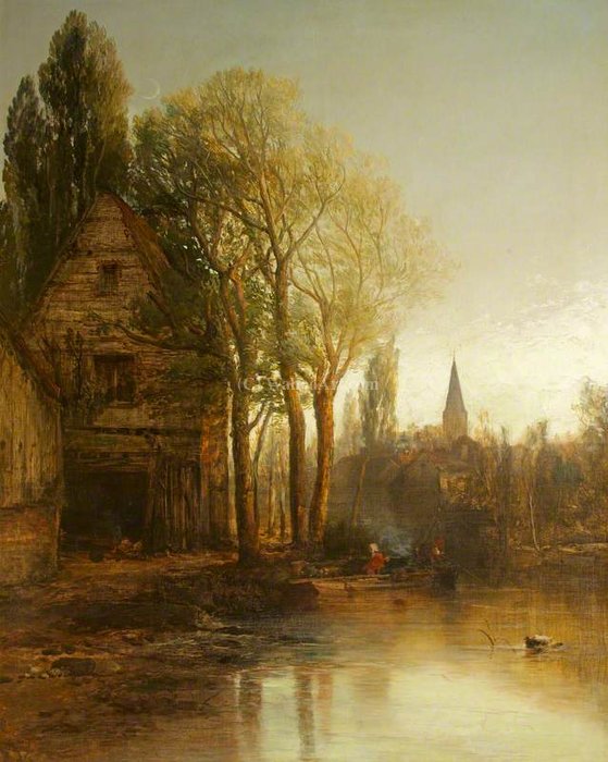 Wikioo.org - The Encyclopedia of Fine Arts - Painting, Artwork by James Webb - A House by a Pool, with a Distant Spire