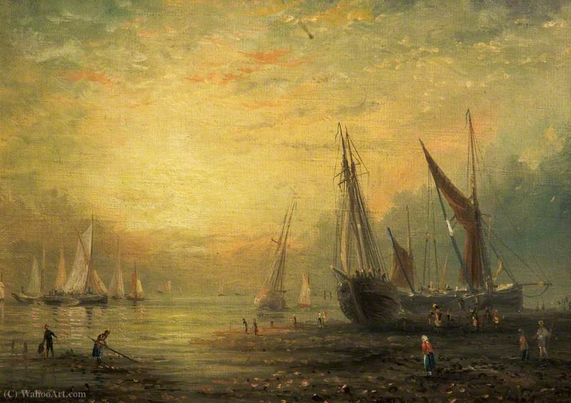 Wikioo.org - The Encyclopedia of Fine Arts - Painting, Artwork by James Webb - A Seascape with Yachts at Sunset