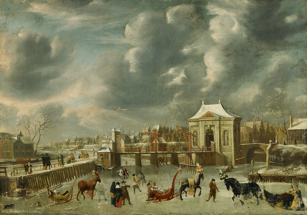 WikiOO.org - Encyclopedia of Fine Arts - Maalaus, taideteos Jan Abrahamsz Beerstraten - Stadsgracht with Heiligeweg Gate in the winter Stadsgracht with Heiligeweg gate, seen from the side of the Herengracht Heiligeweg Gate in winter