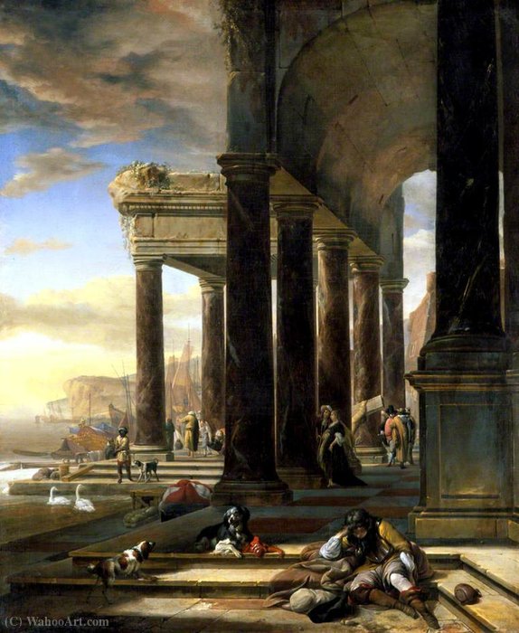 Wikioo.org - The Encyclopedia of Fine Arts - Painting, Artwork by Jan Baptist Weenix - An italian port scene