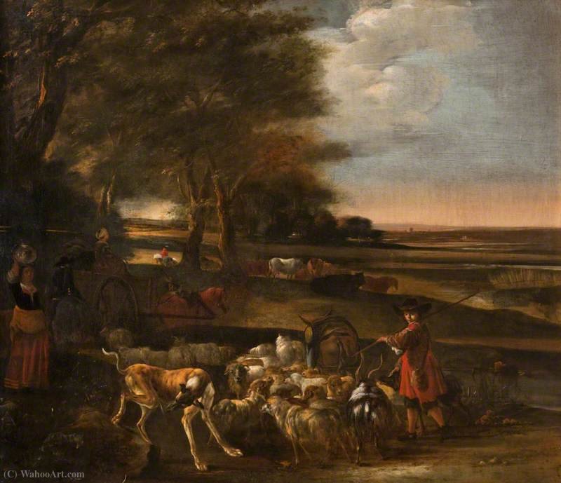Wikioo.org - The Encyclopedia of Fine Arts - Painting, Artwork by Jan Baptist Weenix - Landscape with Peasants and Animals