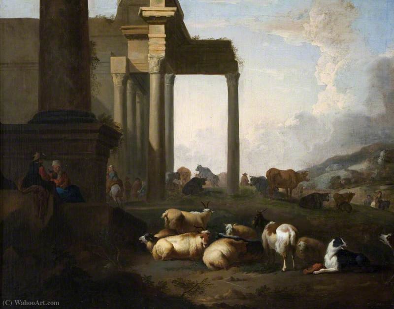 Wikioo.org - The Encyclopedia of Fine Arts - Painting, Artwork by Jan Baptist Weenix - Shepherds and Flocks among Classical Ruins