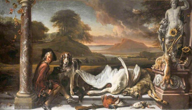 Wikioo.org - The Encyclopedia of Fine Arts - Painting, Artwork by Jan Baptist Weenix - Still Life of Dead Game in a Landscape with a Huntsman