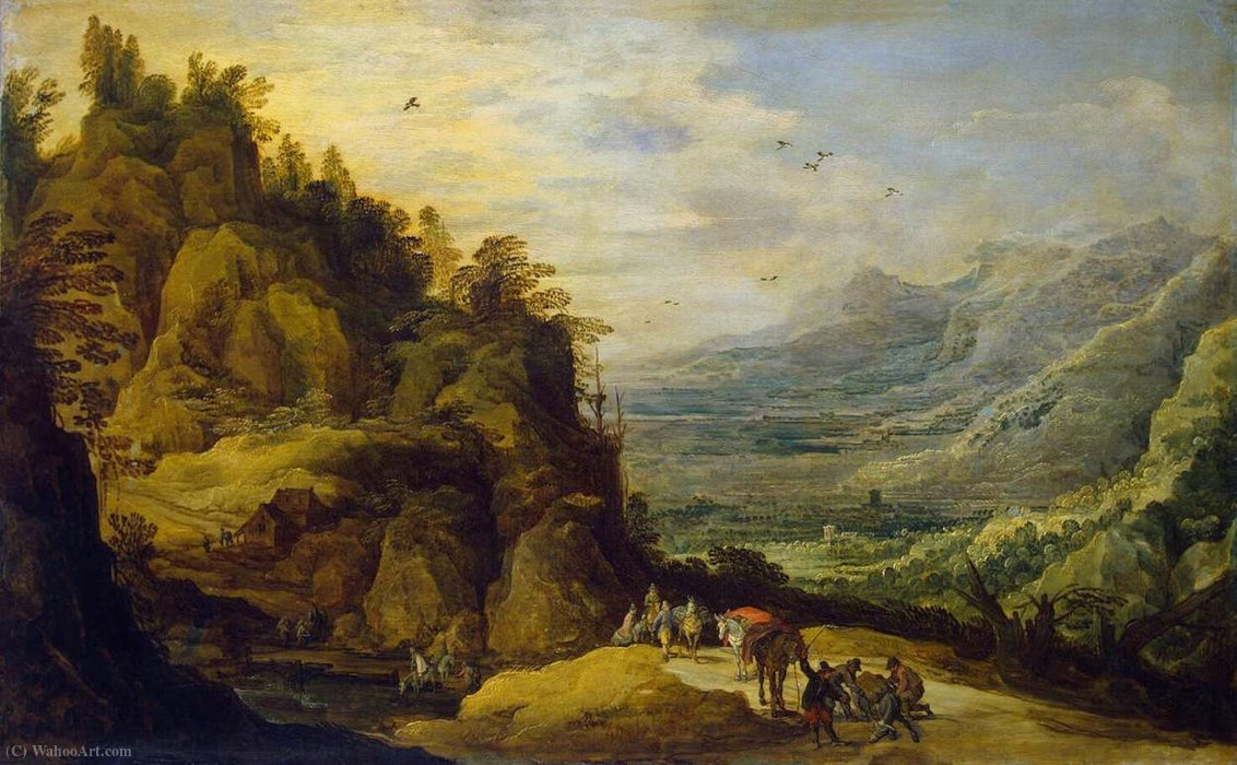 Wikoo.org - موسوعة الفنون الجميلة - اللوحة، العمل الفني Jan De Momper - Mountainous Landscape with Figures and a Donkey