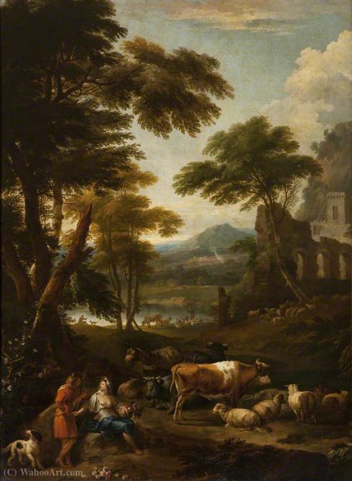 Wikioo.org - The Encyclopedia of Fine Arts - Painting, Artwork by Jan Frans Van Bloemen - A Wooded Landscape with Figures