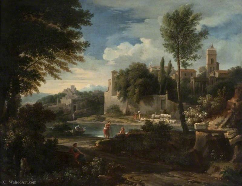 Wikioo.org - The Encyclopedia of Fine Arts - Painting, Artwork by Jan Frans Van Bloemen - Landscape with a River and a Walled Town