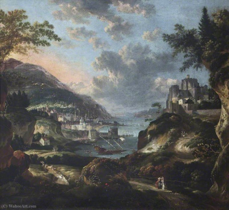 Wikioo.org – L'Encyclopédie des Beaux Arts - Peinture, Oeuvre de Jan Griffier - Un Port Orient imaginaire avec personnages et animaux, avec Dover