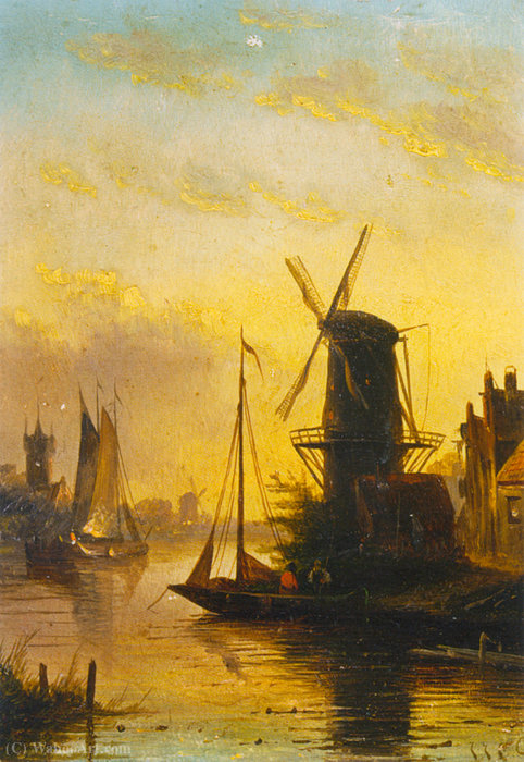 Wikioo.org - The Encyclopedia of Fine Arts - Painting, Artwork by Jan Jacob Spohler - A Summer Landscape with Windmill at Sunset