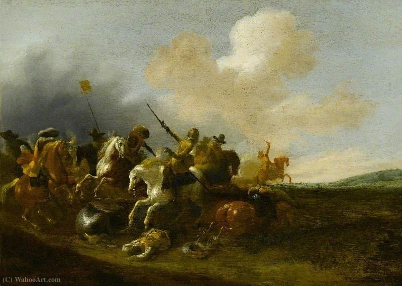 Wikoo.org - موسوعة الفنون الجميلة - اللوحة، العمل الفني Jan Jacobsz Van Der Stoffe - A Cavalry Skirmish in a Landscape