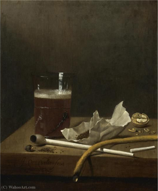 Wikioo.org - The Encyclopedia of Fine Arts - Painting, Artwork by Jan Jansz Van De Velde - Still Life with a Glass of Beer, a Pipe, Tobacco and Other Requisites of Smoking