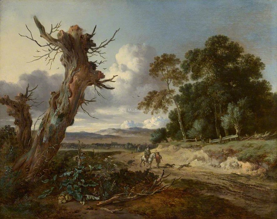 Wikioo.org - The Encyclopedia of Fine Arts - Painting, Artwork by Jan Jansz Wijnants - A Landscape with Two Dead Trees, and Two Sportsmen with Dogs on a Sandy Road
