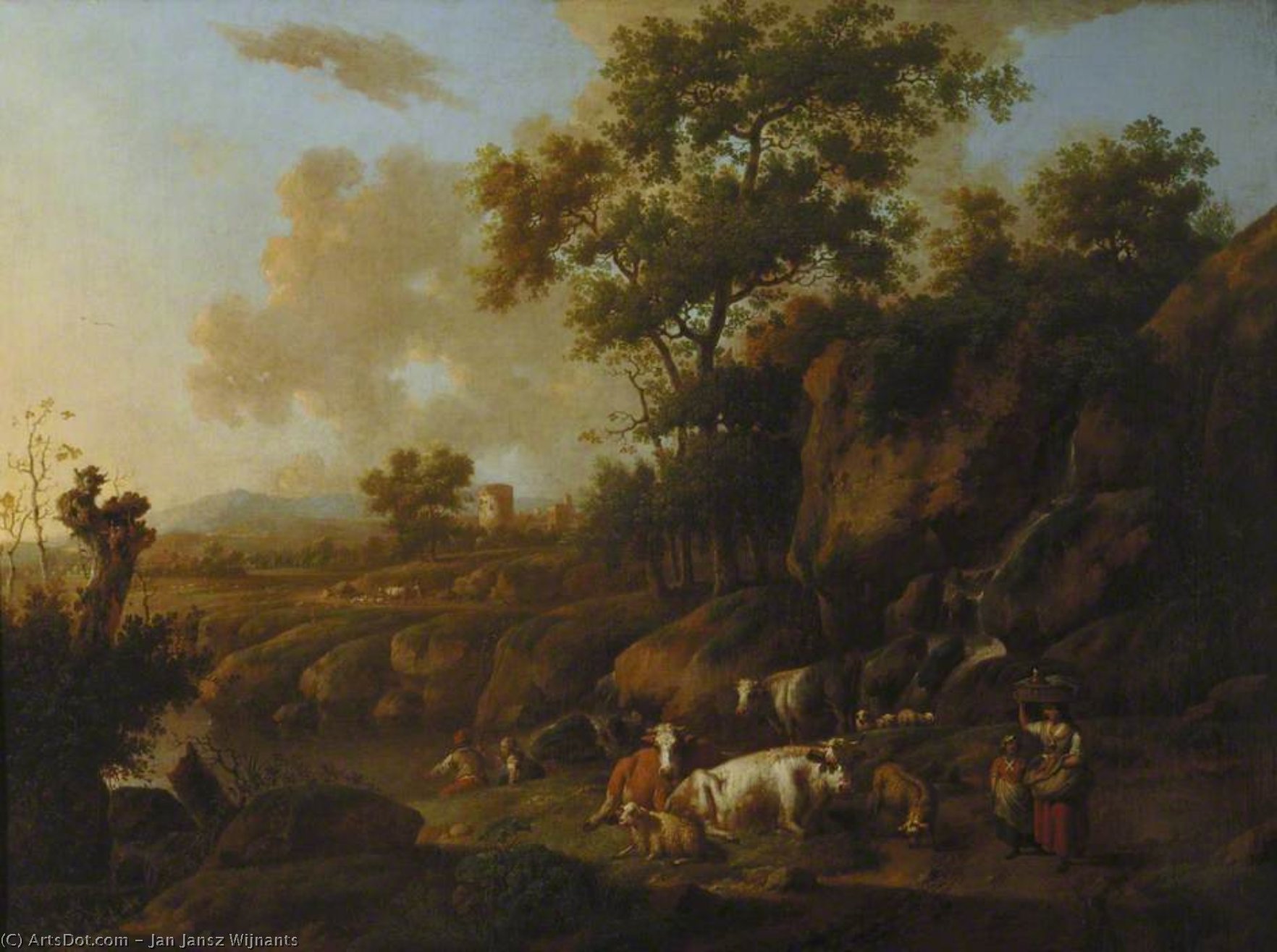 Wikioo.org - The Encyclopedia of Fine Arts - Painting, Artwork by Jan Jansz Wijnants - River Landscape with Figures and Animals