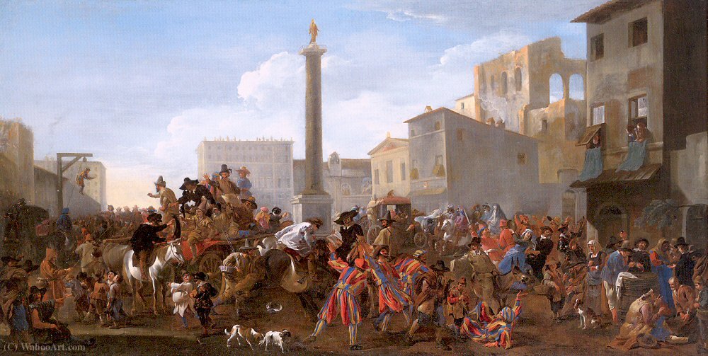 Wikioo.org - The Encyclopedia of Fine Arts - Painting, Artwork by Jan Miel - Carnival in the Piazza Colonna, Rome