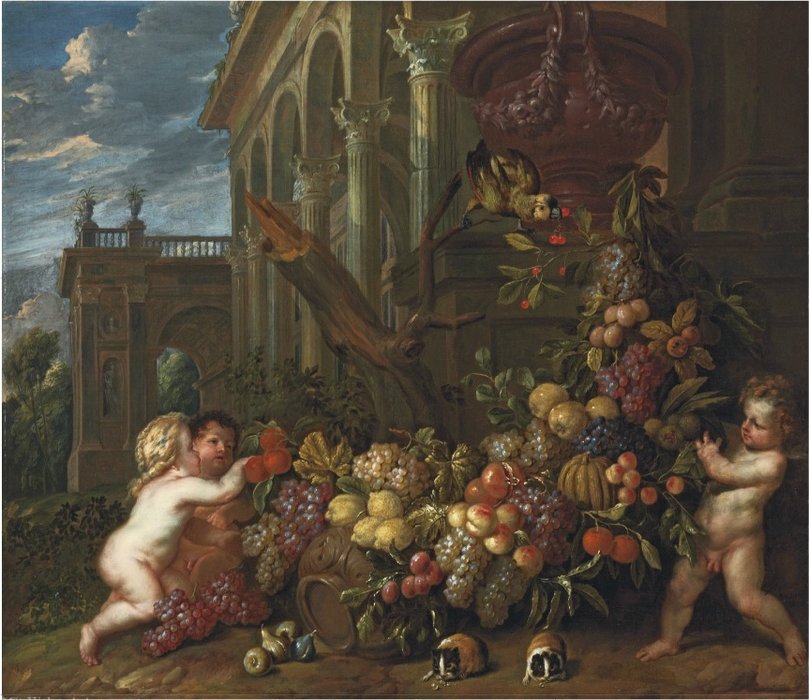 Wikioo.org - The Encyclopedia of Fine Arts - Painting, Artwork by Jan Pauwel The Younger Gillemans - An architectural capriccio with putti around a swag of fruit, with a parrot and guineau pig