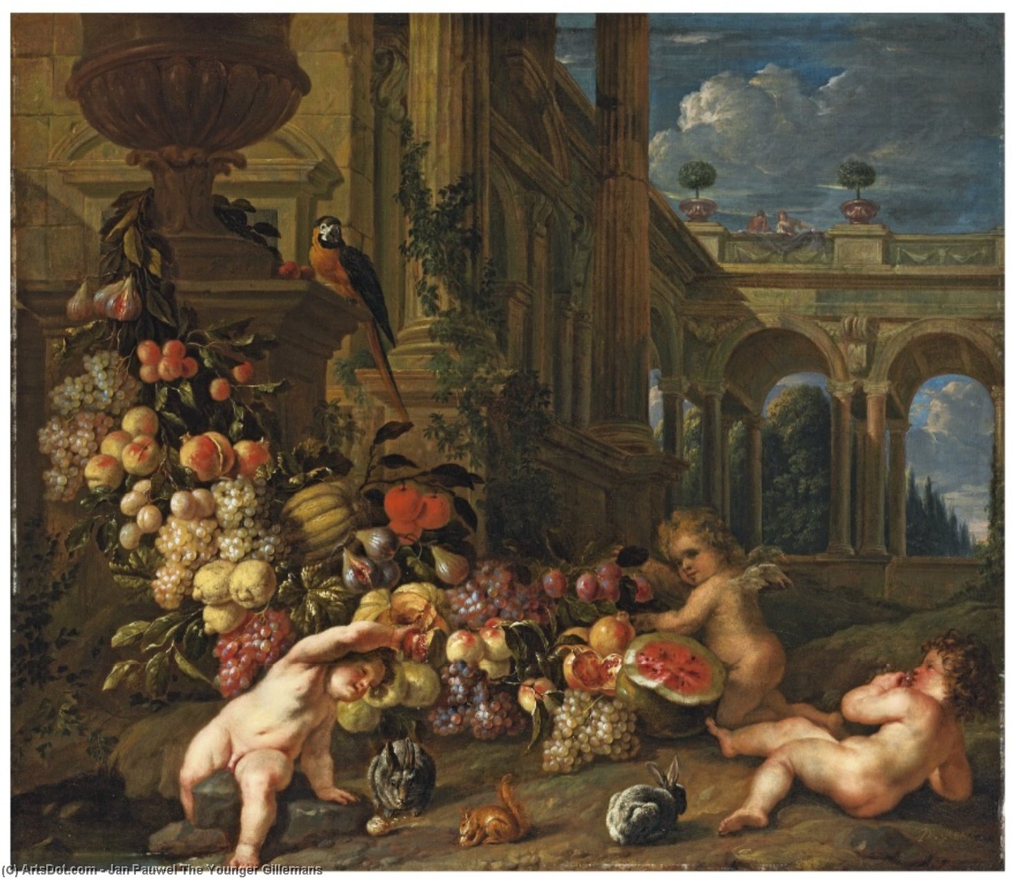Wikioo.org - The Encyclopedia of Fine Arts - Painting, Artwork by Jan Pauwel The Younger Gillemans - An architectural capriccio with putti around a swag of fruit, with a parrot, squirrel and rabbits