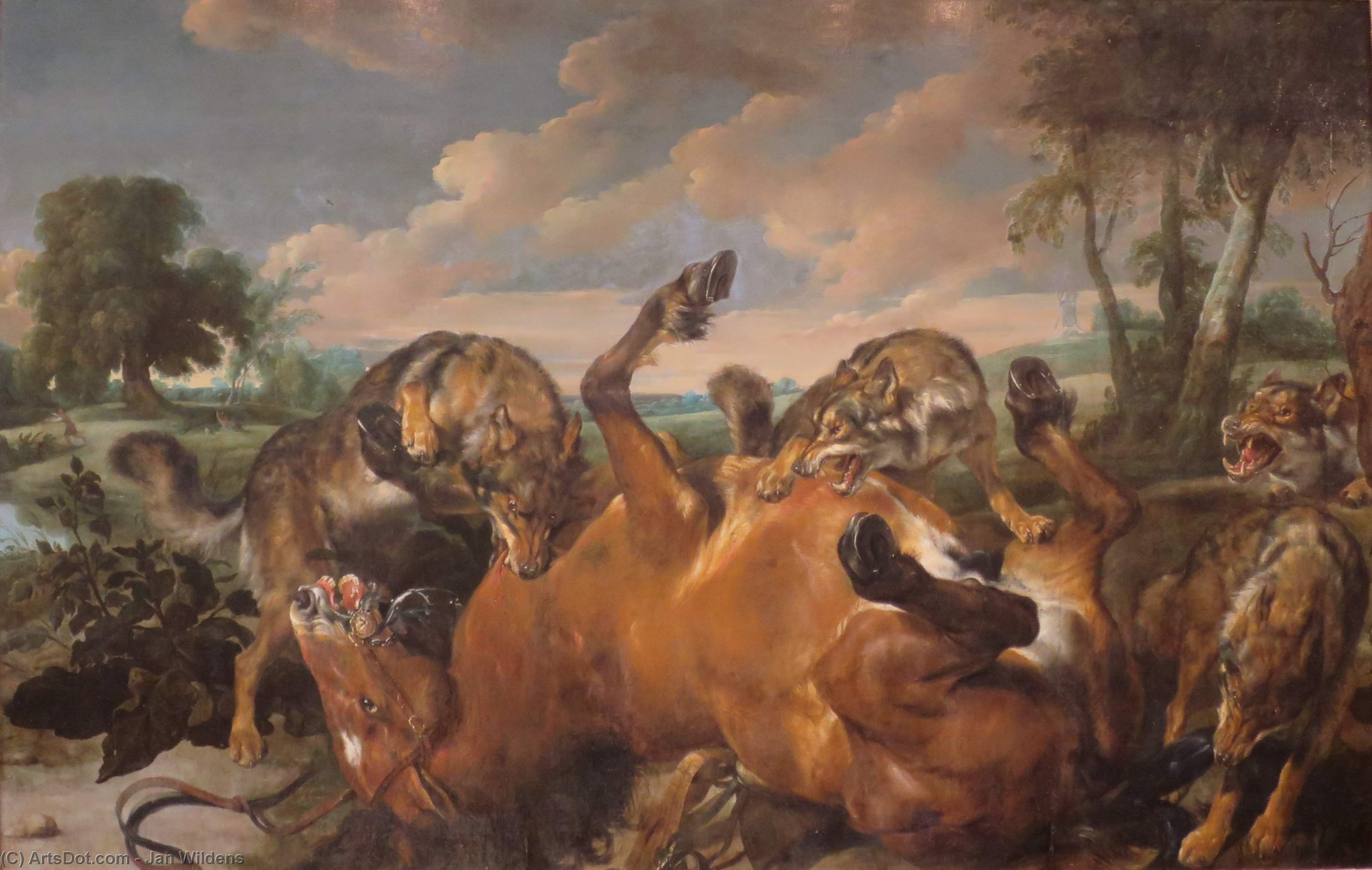 WikiOO.org - Enciclopédia das Belas Artes - Pintura, Arte por Jan Wildens - Wolves Attacking a Horse