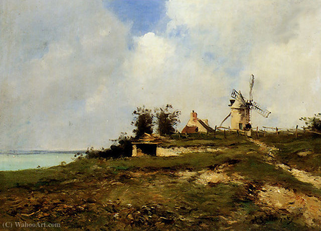WikiOO.org - Encyclopedia of Fine Arts - Lukisan, Artwork Jean Baptiste Antoine Guillemet - A coastal landscape with windmill