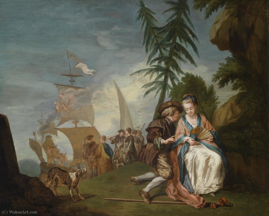 WikiOO.org - Encyclopedia of Fine Arts - Malba, Artwork Jean Baptiste Le Prince - A gallant couple in front of Embarkation for Cythera