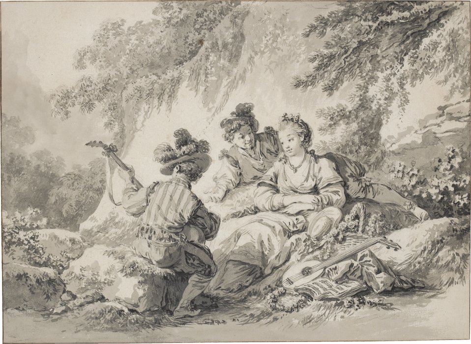 Wikioo.org - The Encyclopedia of Fine Arts - Painting, Artwork by Jean Baptiste Le Prince - Two men and a lady making music in a bucolic setting