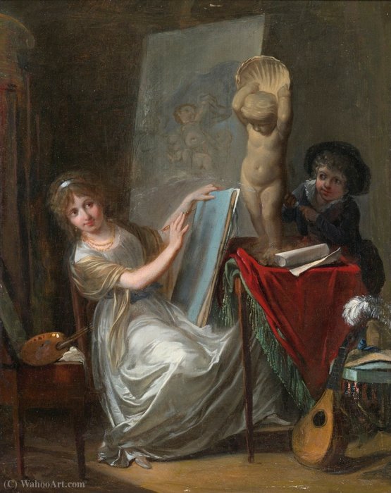 Wikioo.org - The Encyclopedia of Fine Arts - Painting, Artwork by Jean Baptiste Mallet - A Studio Interior with a Young Woman Painting by Jean-Baptiste Mallet