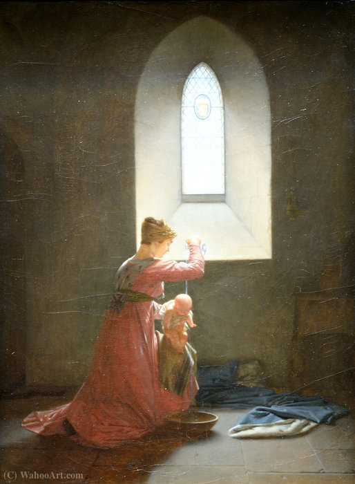 Wikioo.org - The Encyclopedia of Fine Arts - Painting, Artwork by Jean Baptiste Mallet - Genevieve of Brabant in prison baptizing his son.