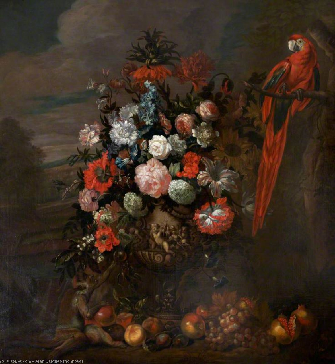 Wikioo.org - The Encyclopedia of Fine Arts - Painting, Artwork by Jean Baptiste Monnoyer - A Figured Vase of Flowers with a Monkey Teasing a Parrot