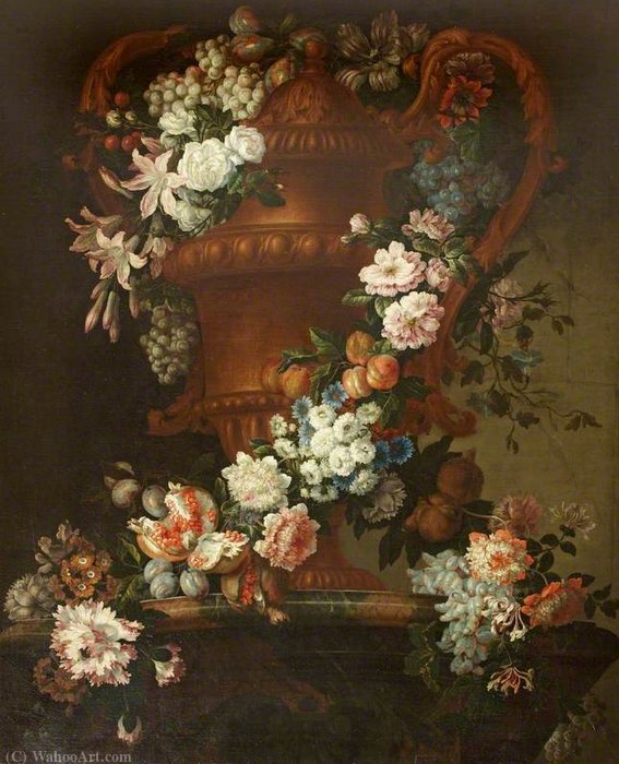 Wikioo.org - The Encyclopedia of Fine Arts - Painting, Artwork by Jean Baptiste Monnoyer - An Urn with a Garland of Flowers
