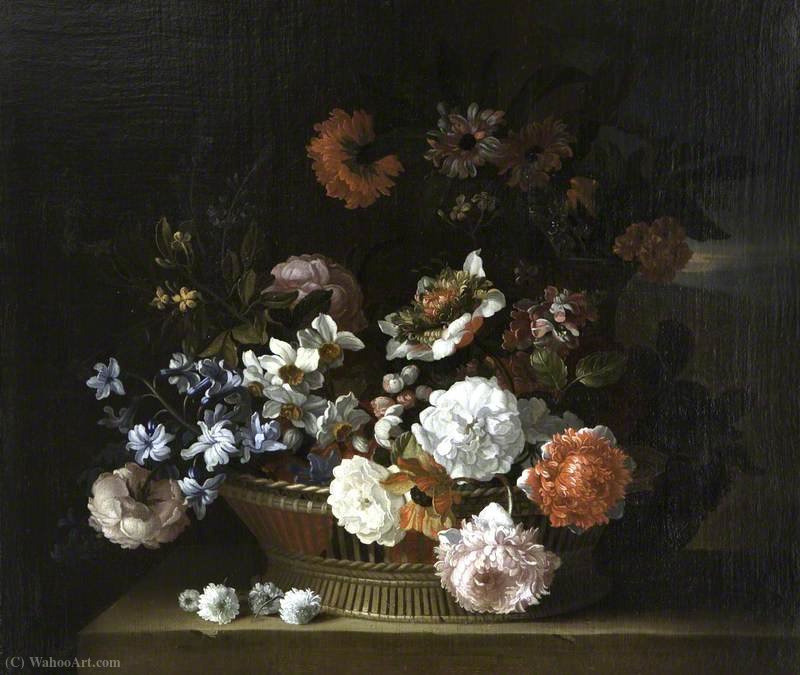 Wikioo.org - The Encyclopedia of Fine Arts - Painting, Artwork by Jean Baptiste Monnoyer - Flowers in a Basket on a Ledge