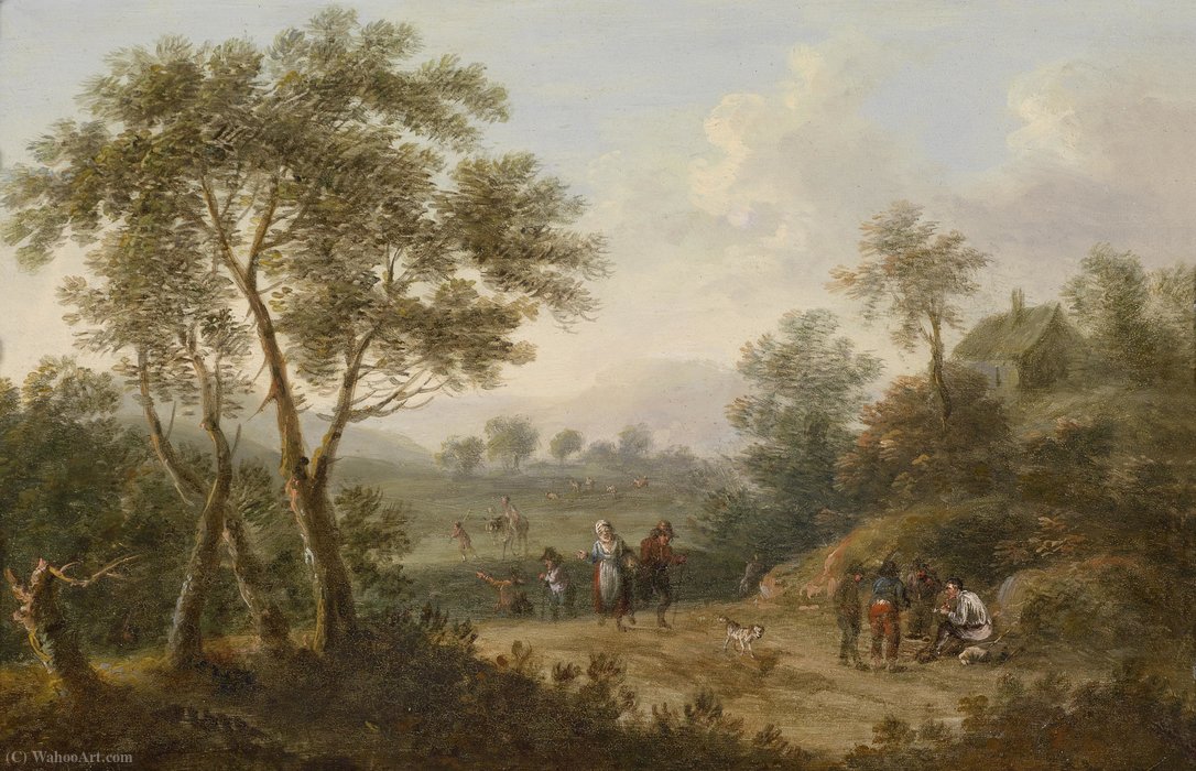 Wikioo.org – La Enciclopedia de las Bellas Artes - Pintura, Obras de arte de Johann Christian Brand - Paisaje boscoso con los viajeros