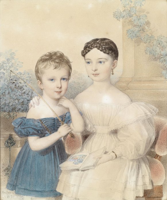 Wikioo.org - The Encyclopedia of Fine Arts - Painting, Artwork by Johann Nepomuk Ender - Holding Portrait of a boy in a blue dress and a girl, a picture book