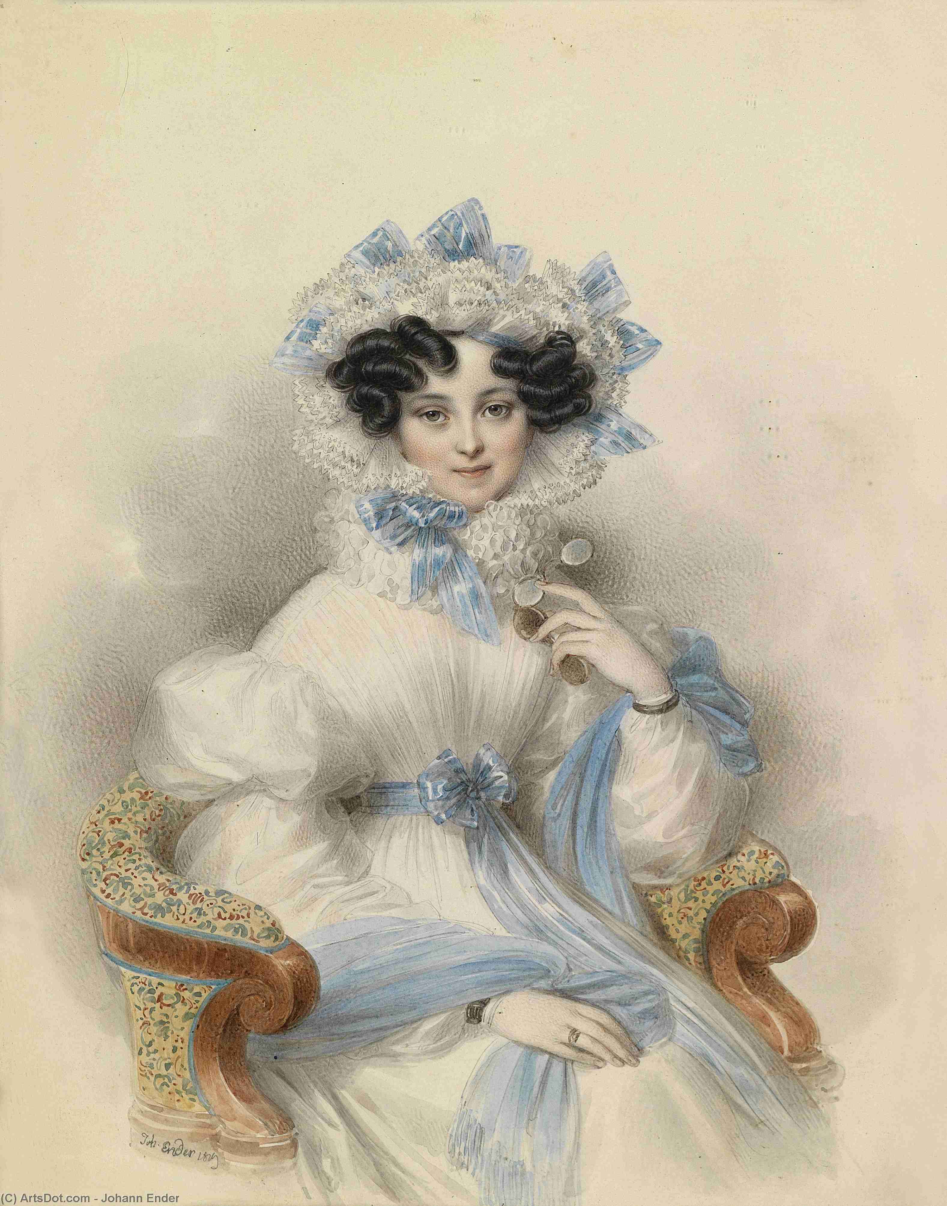 Wikioo.org - The Encyclopedia of Fine Arts - Painting, Artwork by Johann Nepomuk Ender - Portrait of the Archduchess Henriette of Austria sitting in a white dress with blue ribbons, in an armchair