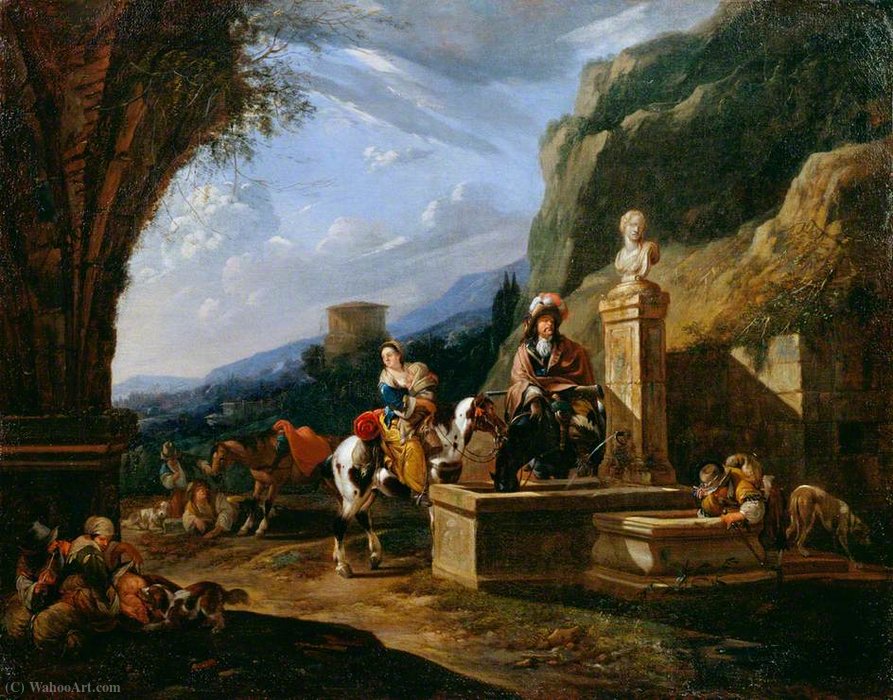 Wikioo.org - The Encyclopedia of Fine Arts - Painting, Artwork by Johann Heinrich Roos - Halting of Mountain Travellers at a Fountain