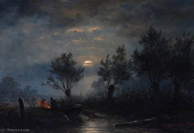 Wikioo.org - The Encyclopedia of Fine Arts - Painting, Artwork by Johannes Franciscus Hoppenbrouwers - Net fishing, moonlight