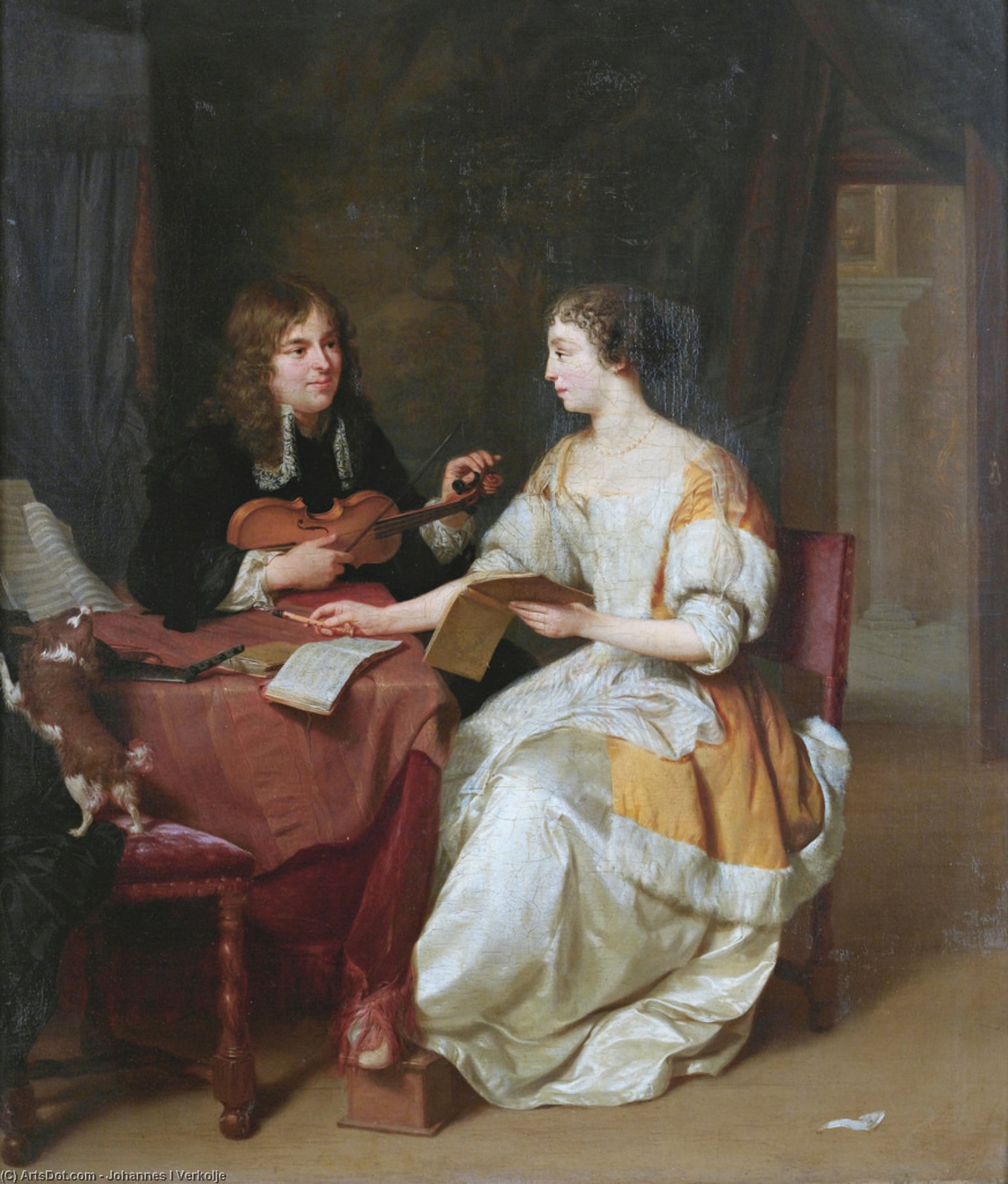 Wikioo.org - The Encyclopedia of Fine Arts - Painting, Artwork by Johannes I Verkolje - An elegant couple making music in an interior