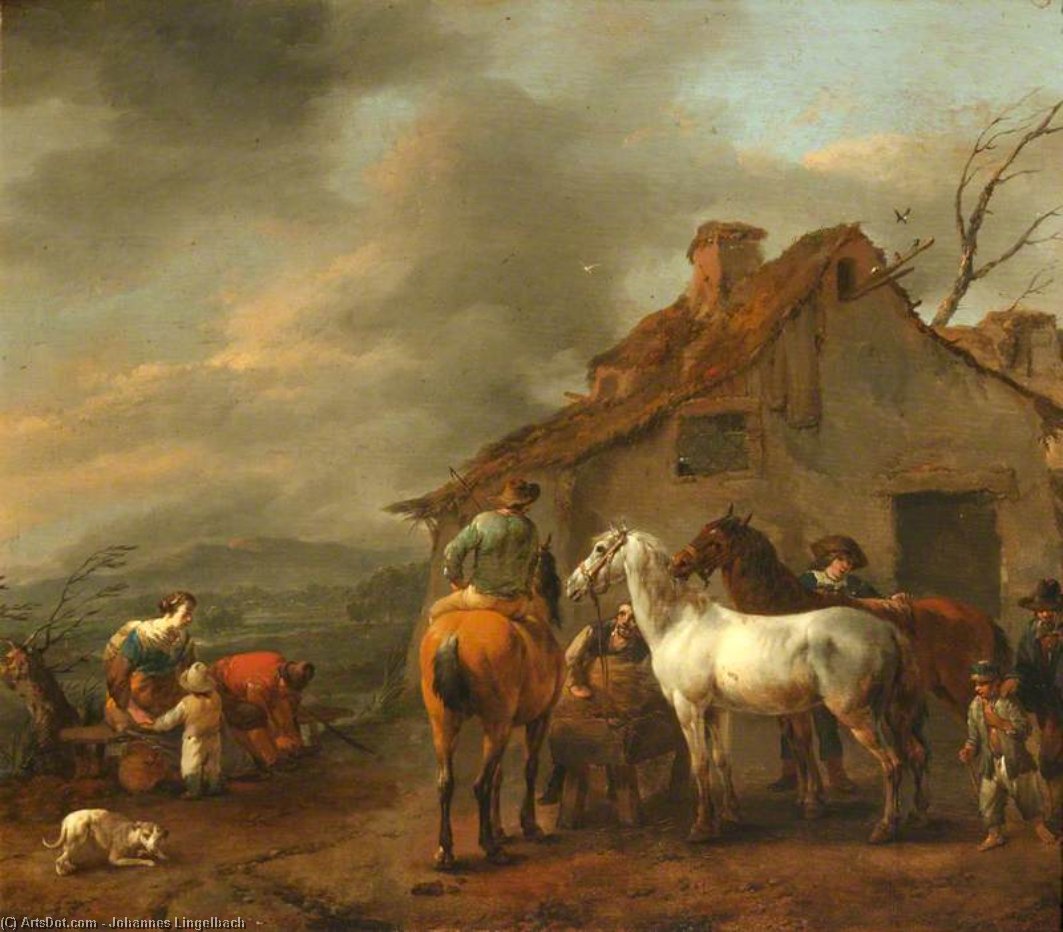 Wikioo.org - The Encyclopedia of Fine Arts - Painting, Artwork by Johannes Lingelbach - A Group of Figures and Horses with a Cottage in the Background