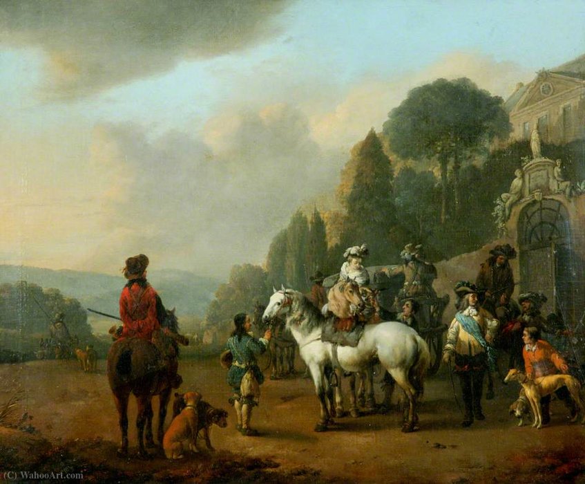 WikiOO.org - Encyclopedia of Fine Arts - Schilderen, Artwork Johannes Lingelbach - A Party of Falconers outside the Gates of a Château