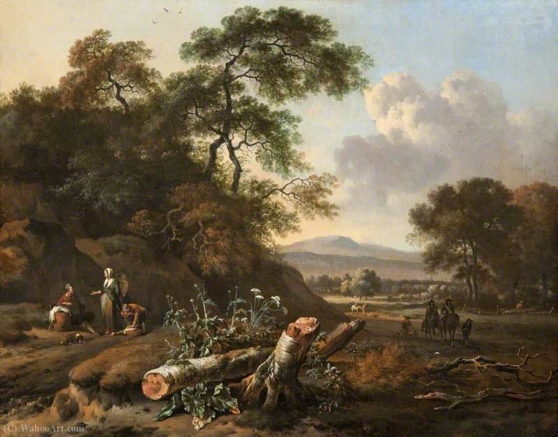 Wikioo.org - The Encyclopedia of Fine Arts - Painting, Artwork by Johannes Lingelbach - Landscape with a Fallen Tree, Peasants and Huntsmen